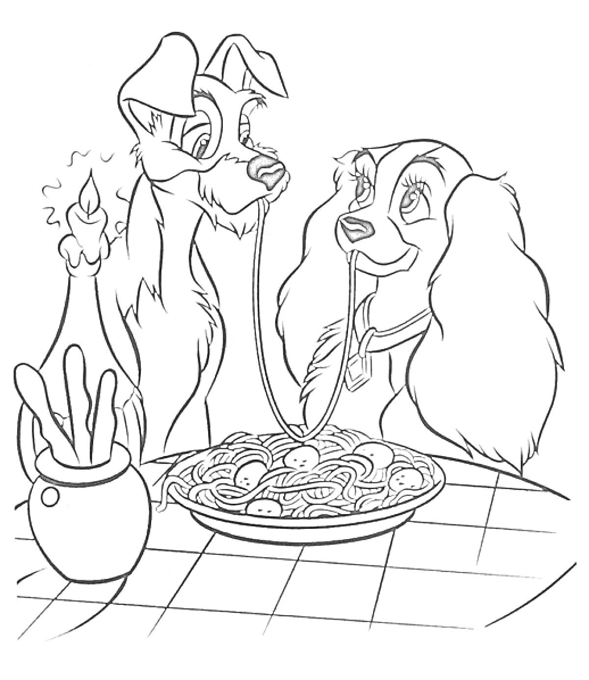Два пса за столом с миской спагетти, свеча, ваза с хлебными палочками