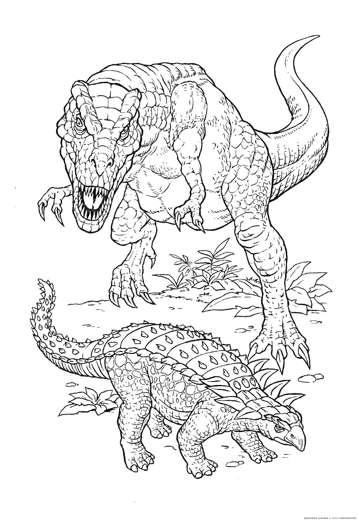 Раскраска Тираннозавр и анкилозавр на фоне растений