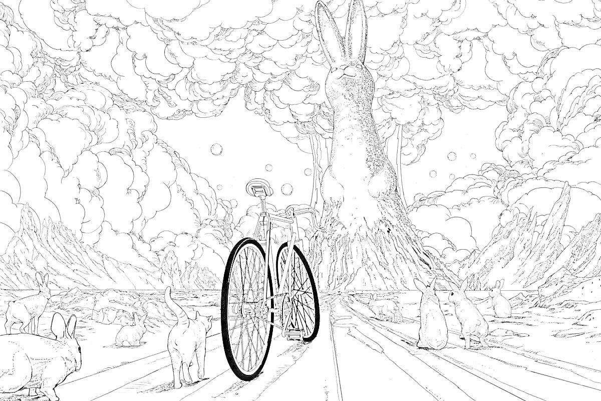 На раскраске изображено: Велосипедист, Облака, Воздушные шары, Огоньки, Пейзаж