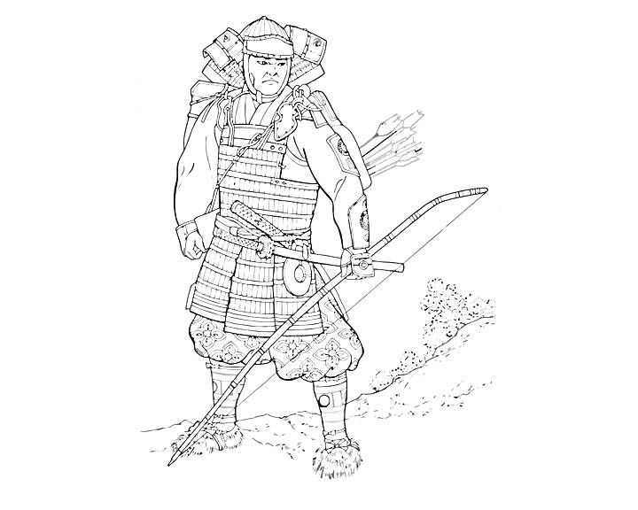 Раскраска Самурай с луком и стрелами на фоне кустов