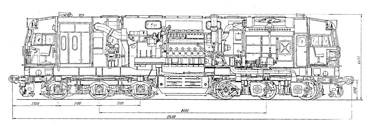 Чертеж тепловоза ЧМЭ3 с двигателем, секциями и ходовой частью