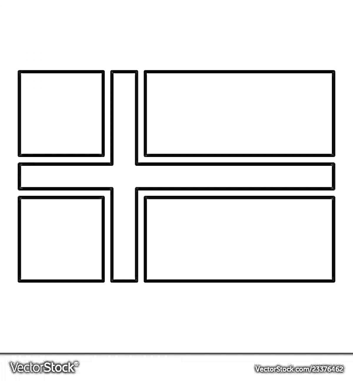 Контур флага Норвегии для раскрашивания, черно-белый, с перекрестием и четырьмя прямоугольными секторами