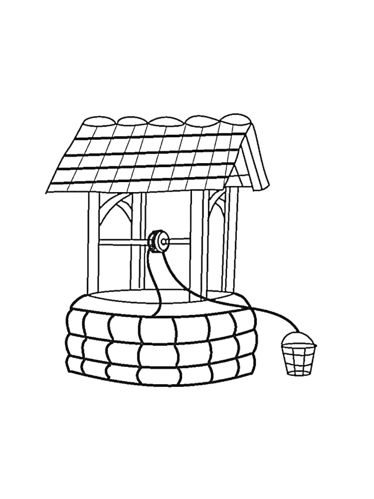 Раскраска Колодец с крышей и ведром на верёвке