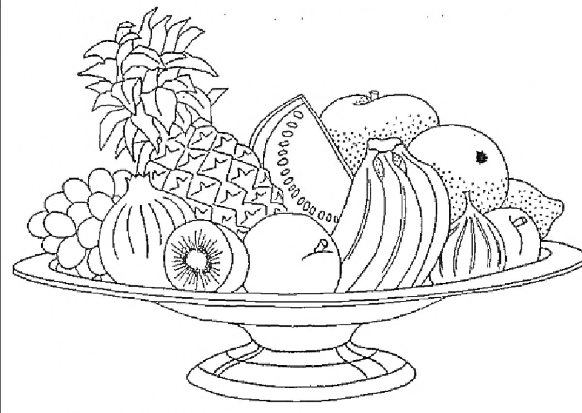 Раскраска Тарелка с бананами, яблоками, ананасом, дыней, киви, виноградом, грушей, апельсинами, клубникой