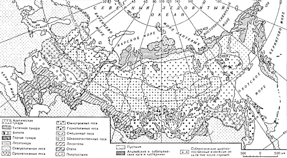 Карта природных зон России с обозначением арктических пустынь, тундры, лесотундры, тайги, смешанных лесов, широколиственных лесов, лесостепей, степей, полупустынь и пустынь