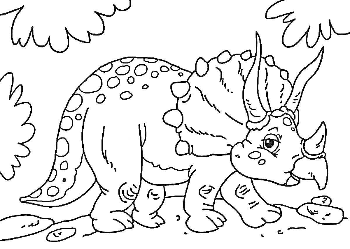 На раскраске изображено: Динозавр, Трицератопс, Для мальчиков, Деревья, Камни, Природа, Для детей