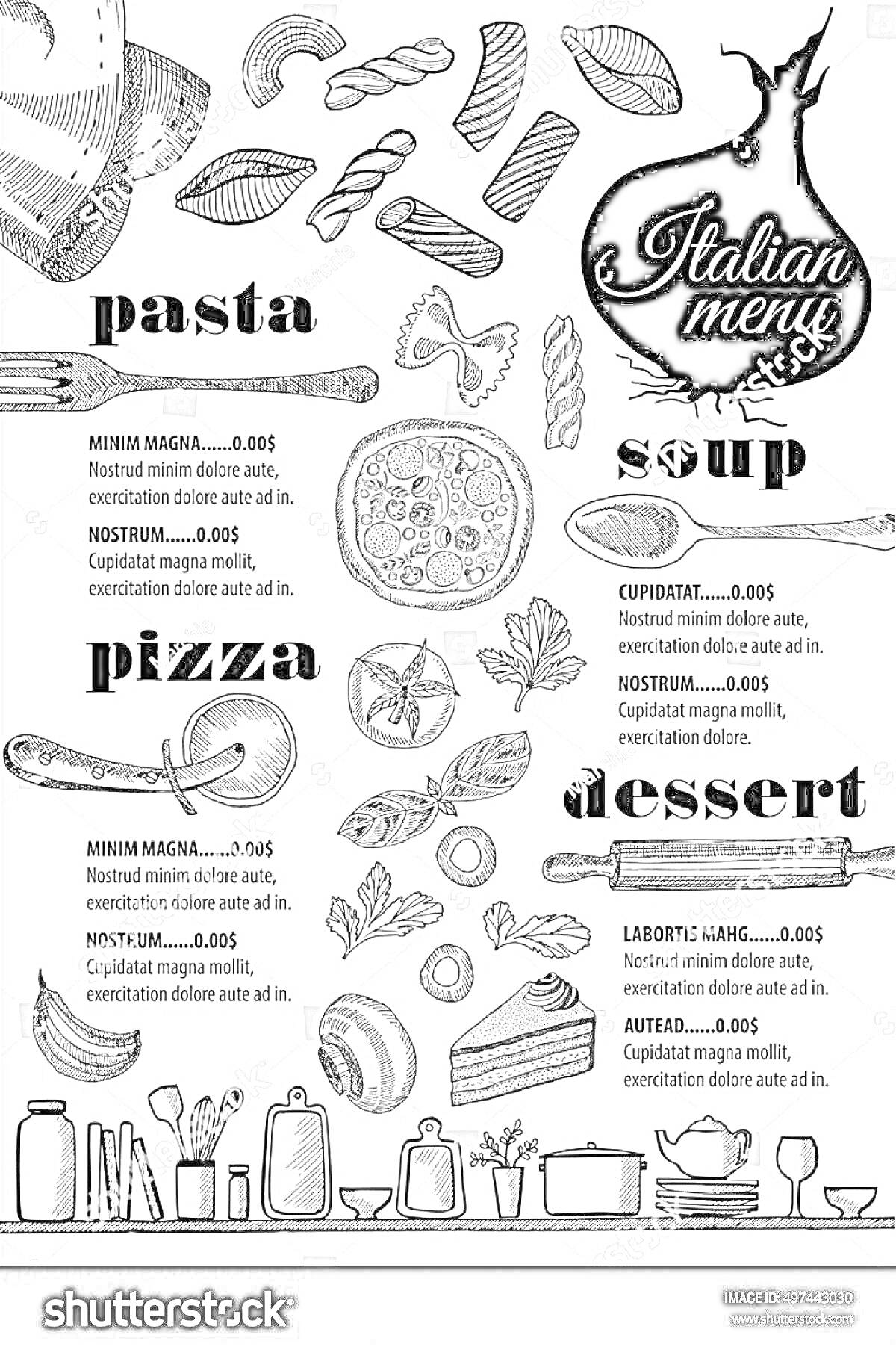 меню ресторана с изображениями пасты, супа, пиццы, десертов, различных ингредиентов и кухонных принадлежностей