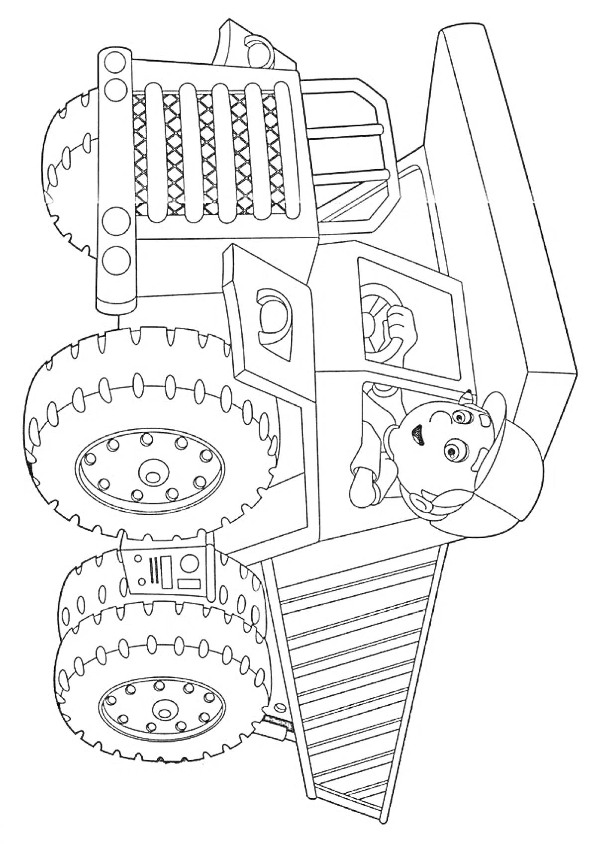 Раскраска Ребенок за рулем карьерного самосвала
