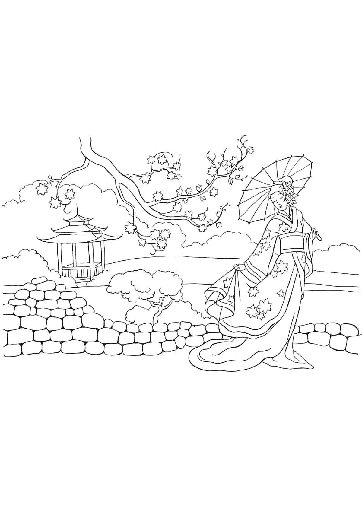 На раскраске изображено: Азия, Япония, Женщина, Кимоно, Зонт, Японский сад, Павильон, Каменная стена, Природа