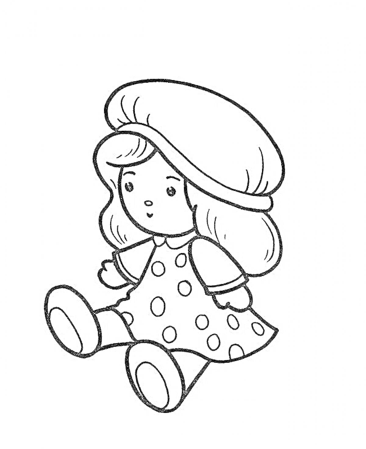 Раскраска Кукла в платье в горошек с шляпкой