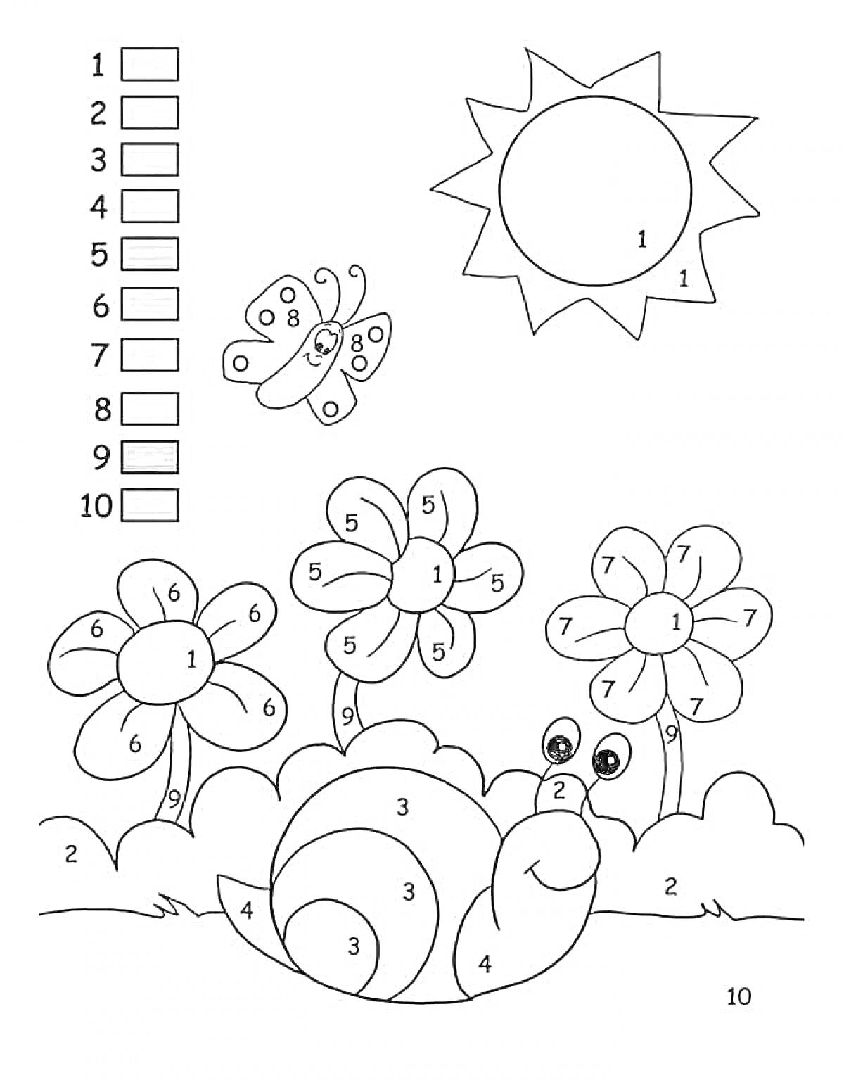На раскраске изображено: Улитка, Бабочка, Цветы, Солнце, Облака, Природа