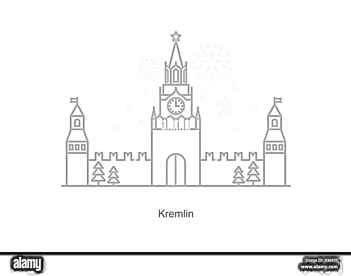 На раскраске изображено: Спасская башня, Башни, Деревья, Фейерверки, Кремль, Москва, Россия, Архитектура