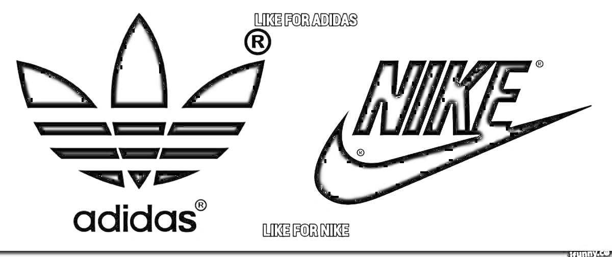 Логотипы Adidas и Nike: значок трёхлистника Adidas и логотип Nike (галочка) с надписями Adidas и Nike.