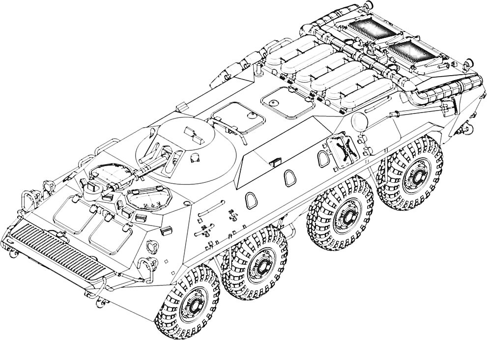 Бронированный Транспортёр (БТР) с восемью колесами, смотровыми люками, антеннами, вид сверху под углом