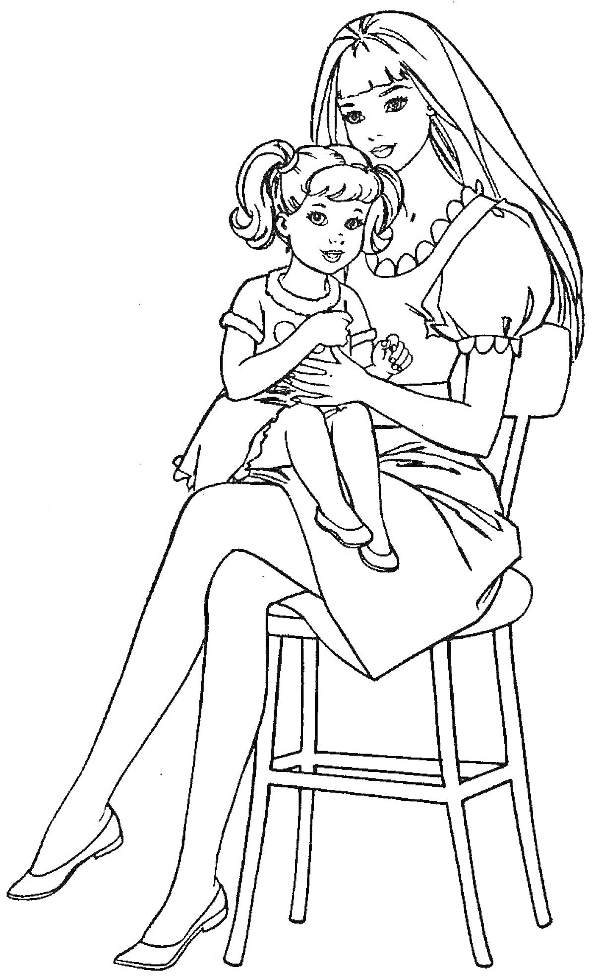 Раскраска Мама с длинными волосами и ожерельем держит на коленях дочку с хвостиками, оба сидят на кухонном стуле