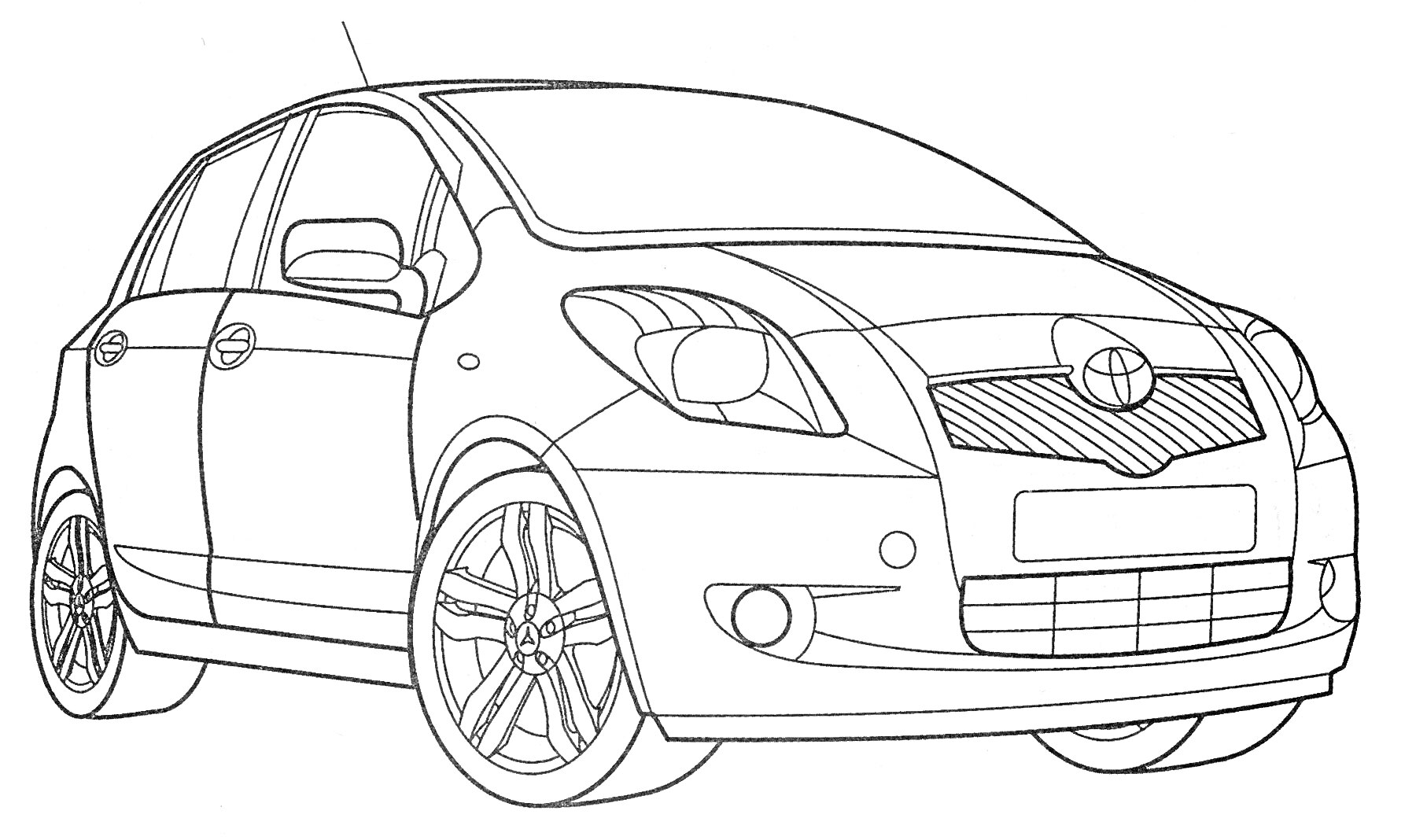 РаскраскаЛегковой автомобиль Тойота с четырьмя дверями, передними и задними фарами, боковыми зеркалами, передней решеткой, шинами и антеной