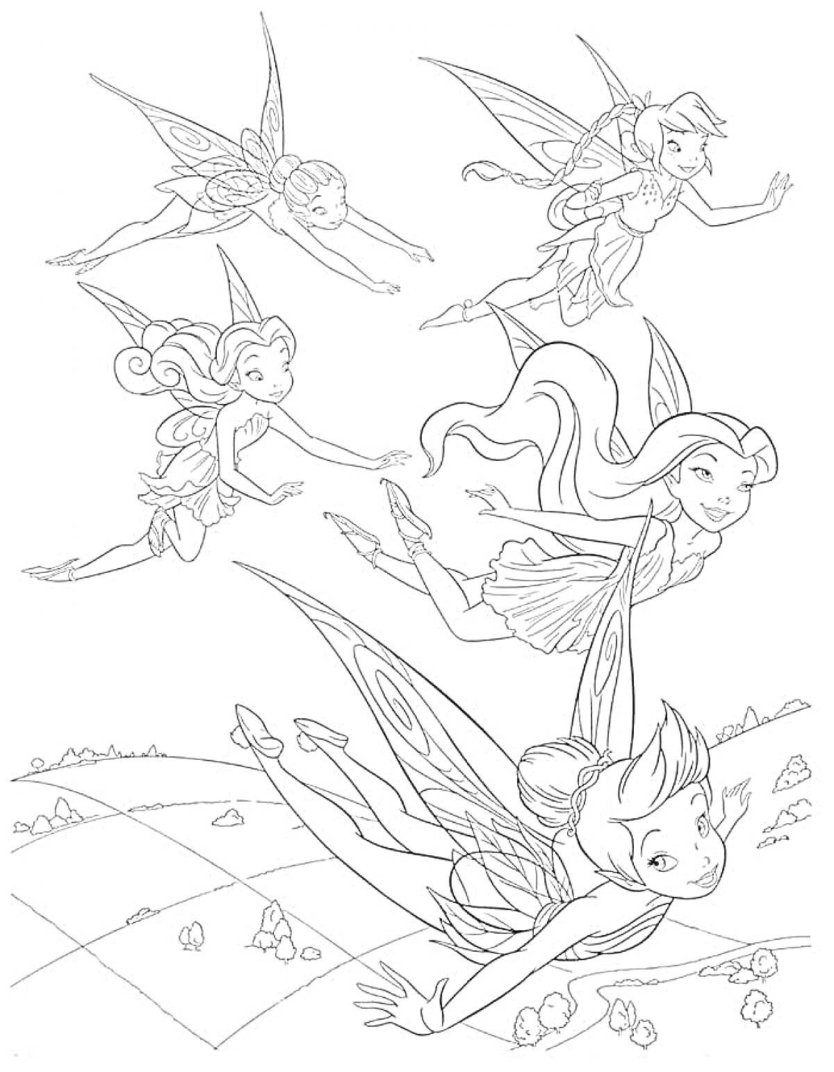 На раскраске изображено: Феи, Поляна, Цветы, Крылья, Динь-Динь