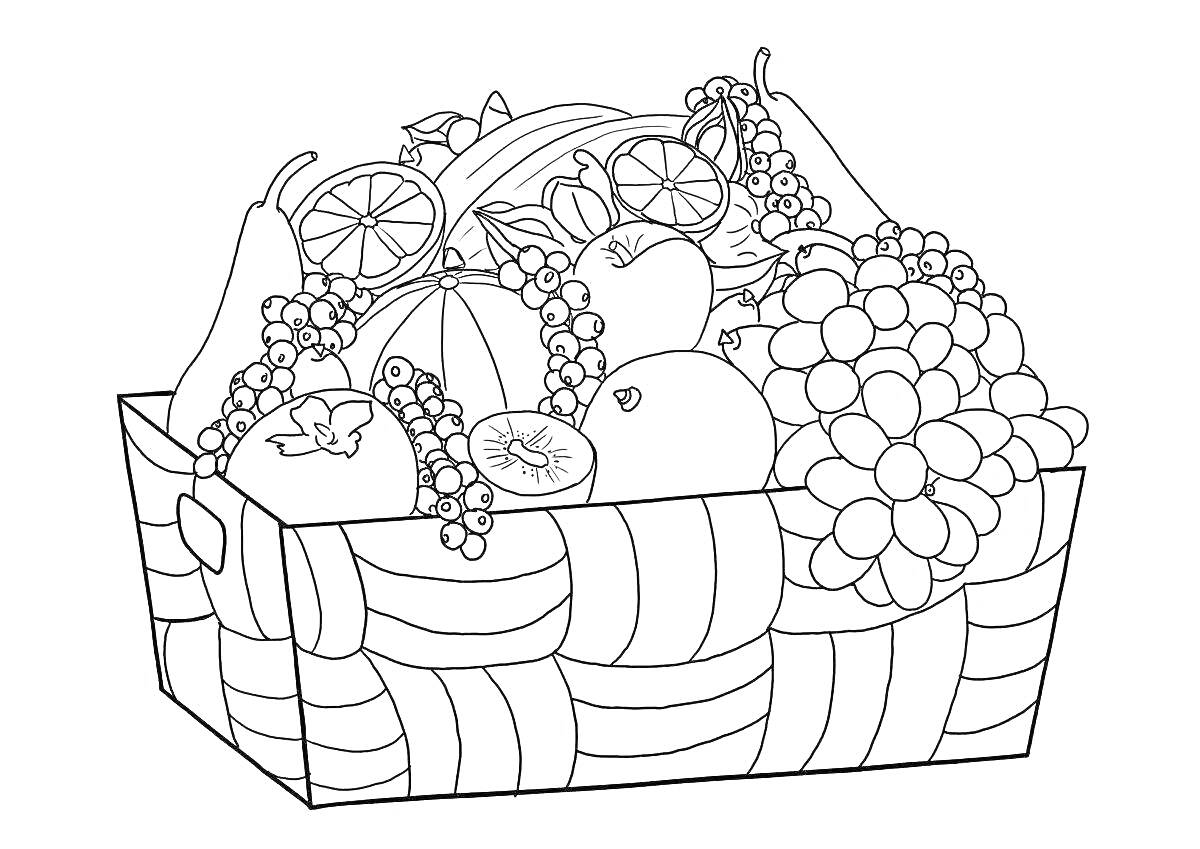 Раскраска Корзина с фруктами: виноград, груши, яблоки, апельсины, бананы, клубника
