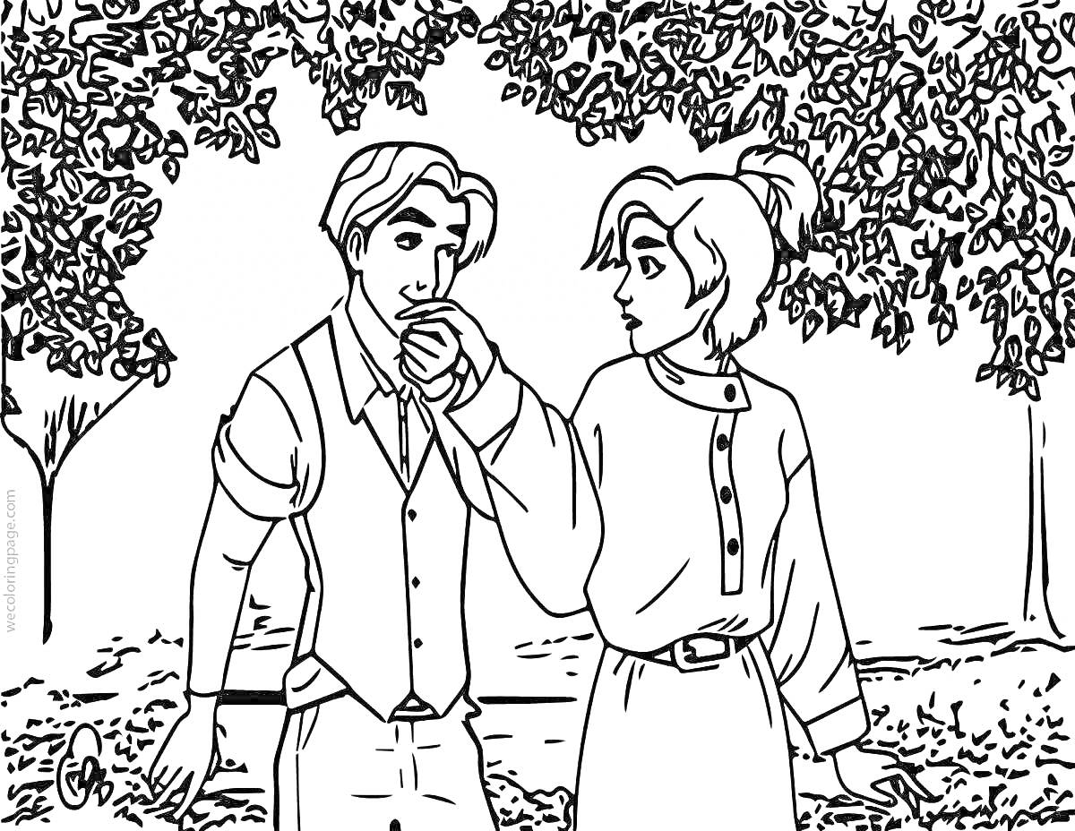 Раскраска Пара под деревом: мужчина целует руку женщине