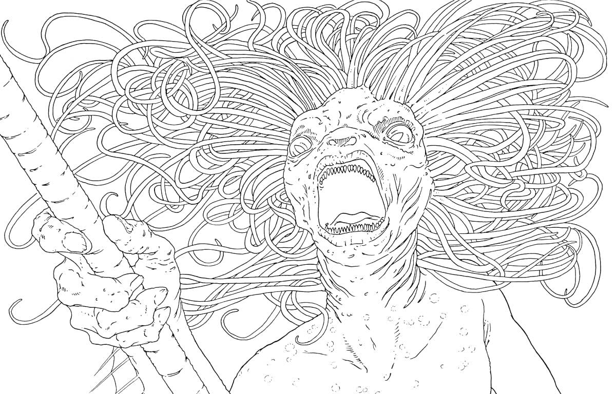 Раскраска Существо с длинными волосами, взывающее к небу, лицо с широко раскрытым ртом, держит посох с когтями