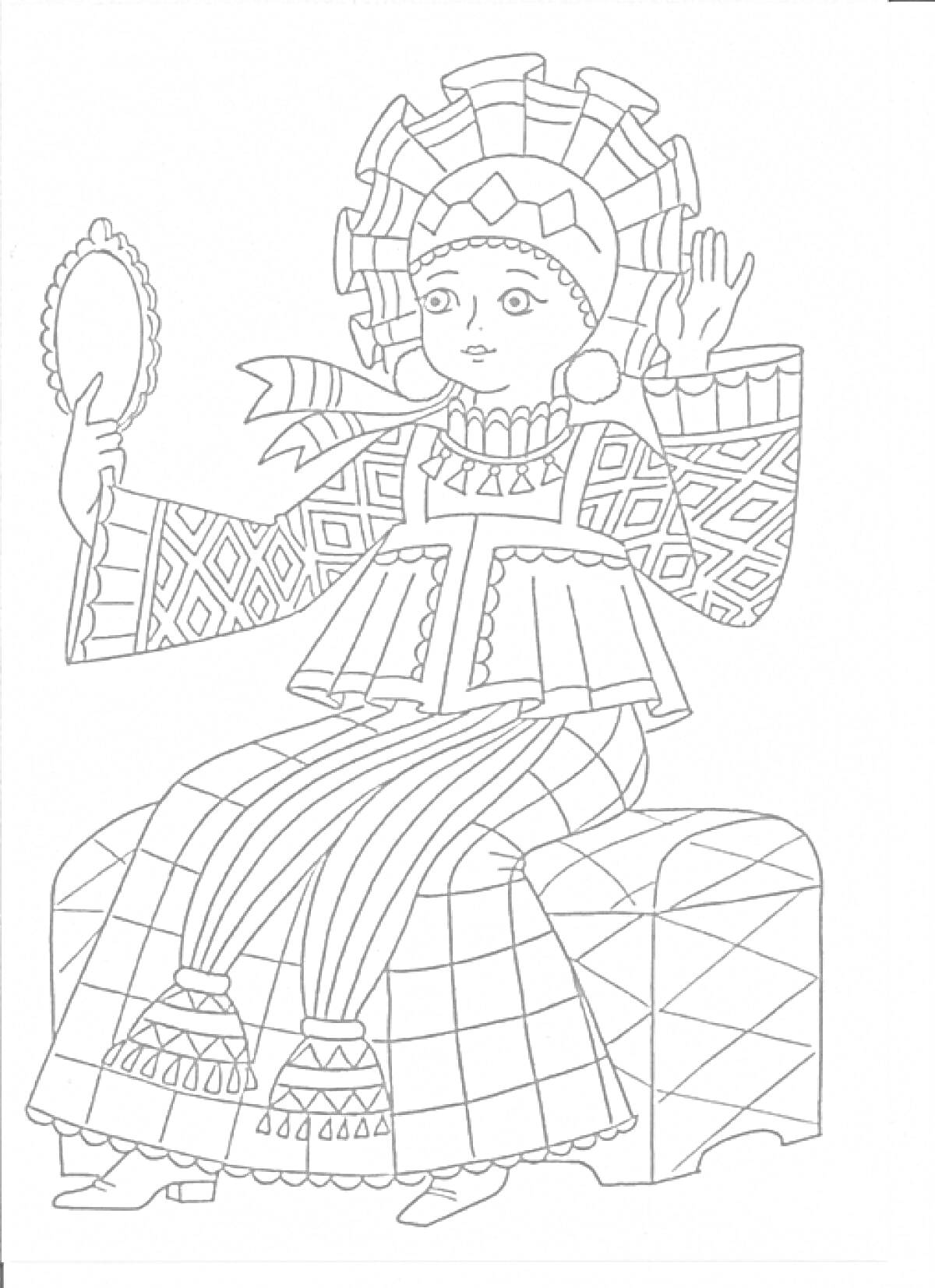 Раскраска Девушка в русском народном костюме с кокошником и зеркальцем