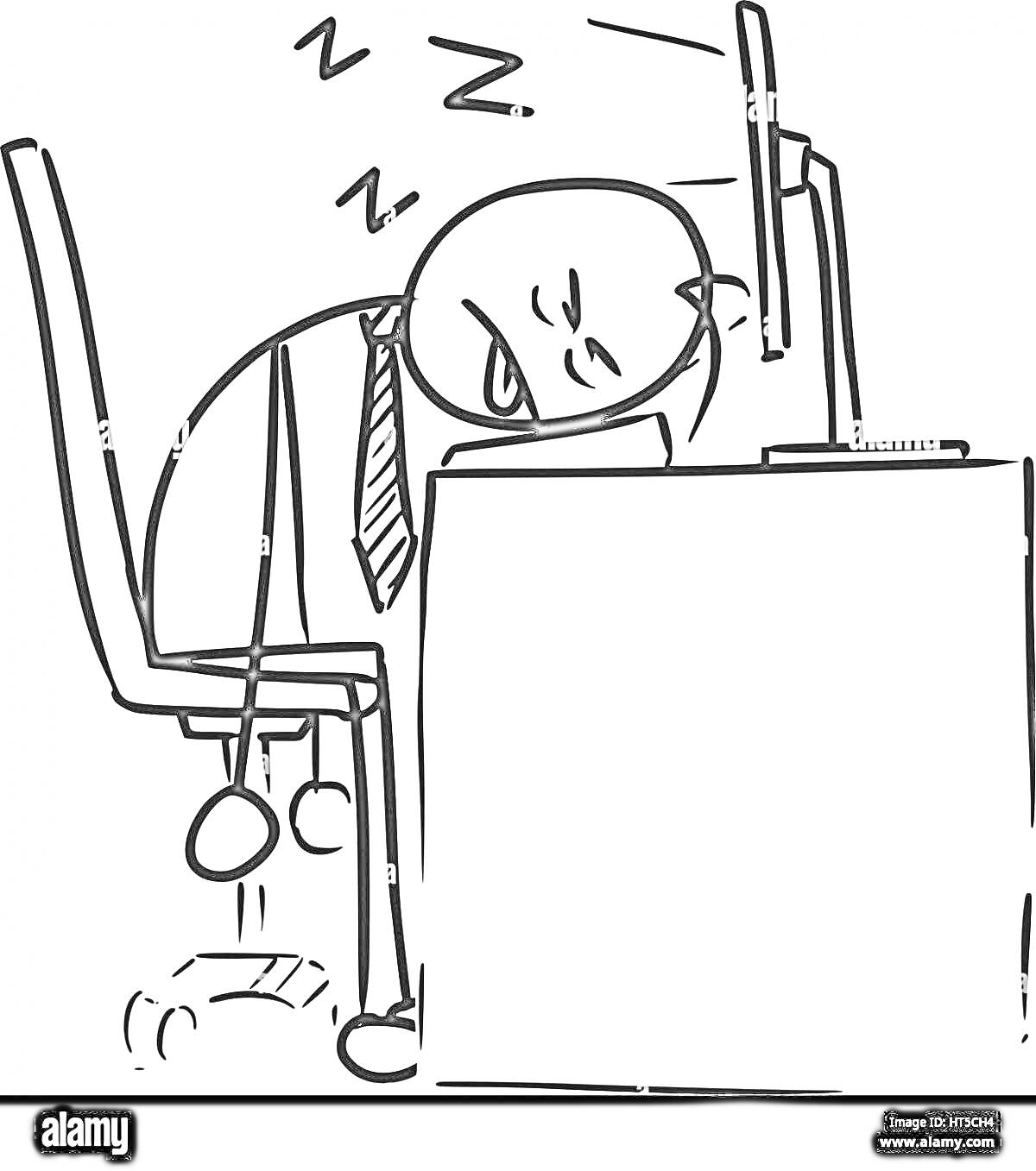 Раскраска Человек в галстуке спит за компьютером на стуле в офисе