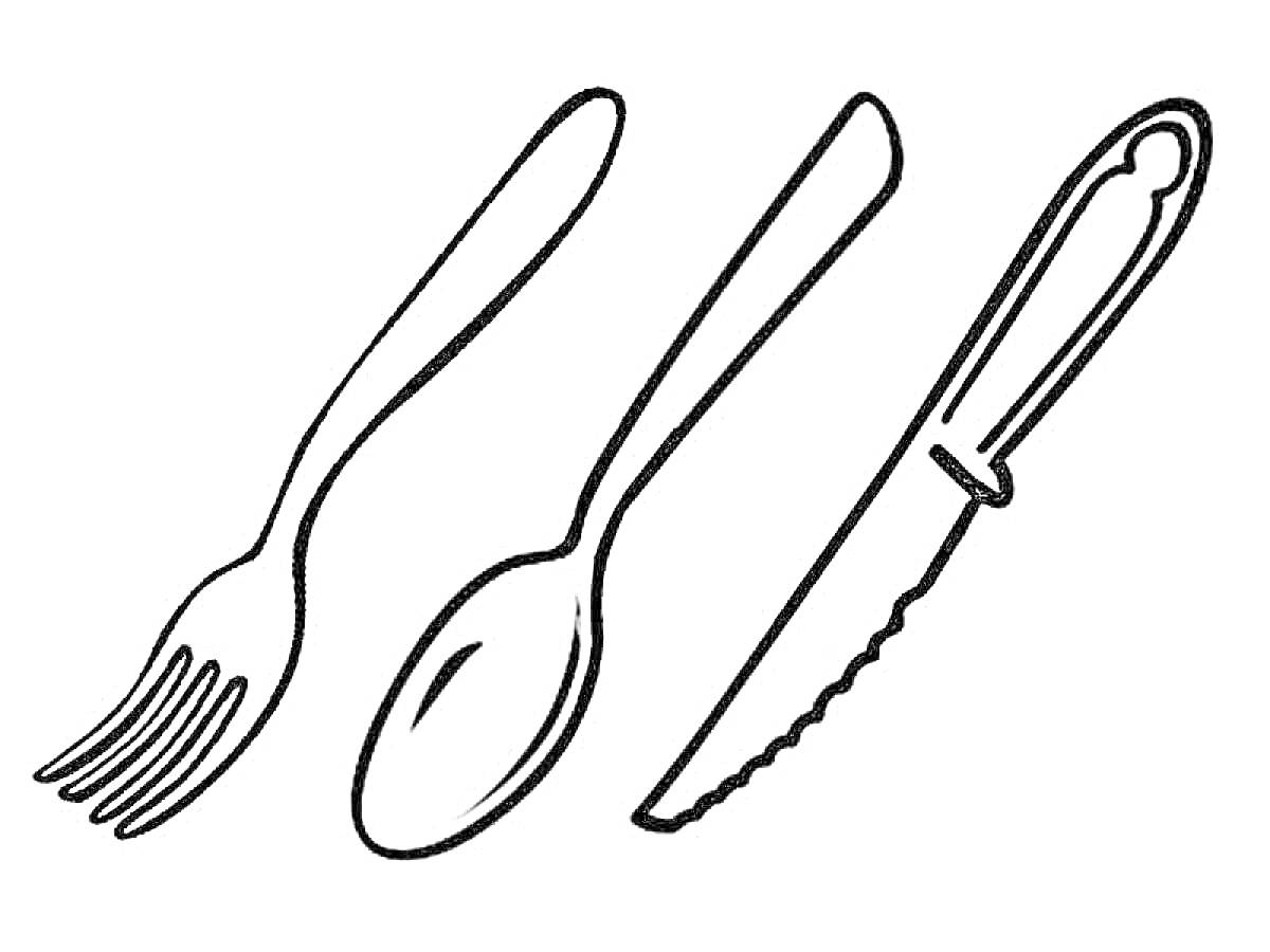 На раскраске изображено: Вилка, Ложка, Нож, Столовые приборы, Посуда, Для детей