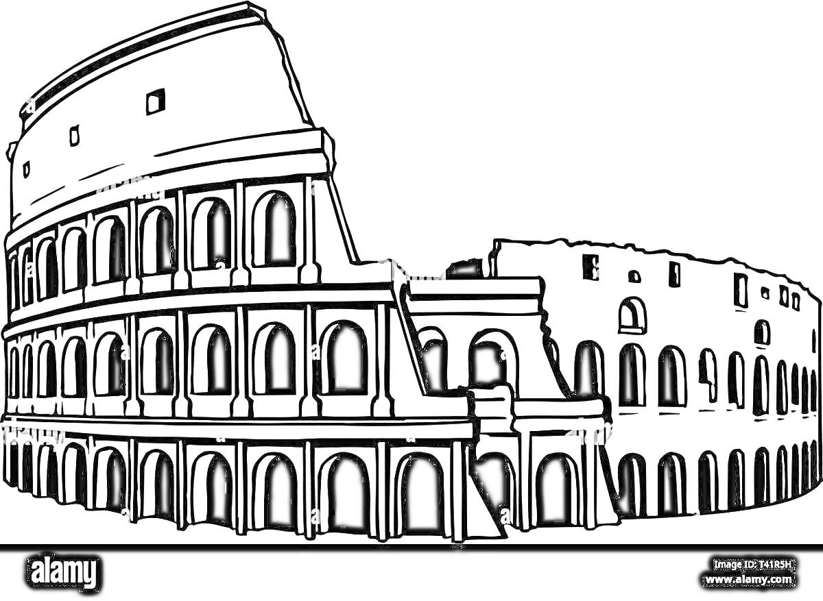 На раскраске изображено: Колизей, Архитектура, Италия, Древний Рим, Колонны, Для детей, Арка, Исторические здания