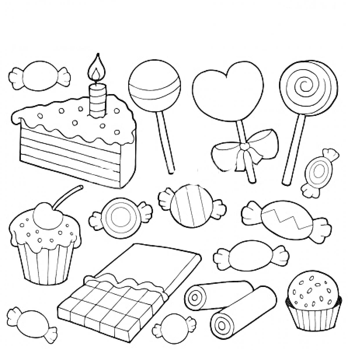 РаскраскаСладости: торт с свечой, леденец на палочке, леденец-сердце с бантом, леденец-спираль, кекс с вишней, кекс с посыпкой, шоколадная плитка, роллы из карамели, конфеты в обертке