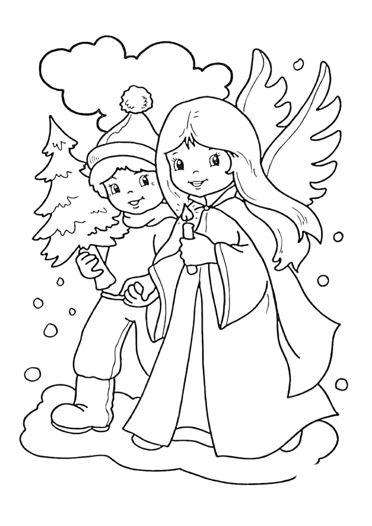 На раскраске изображено: Рождество, Ангел, Ребёнок, Зима, Снег, Шапка, Крылья, Свечи, Елки, Праздники
