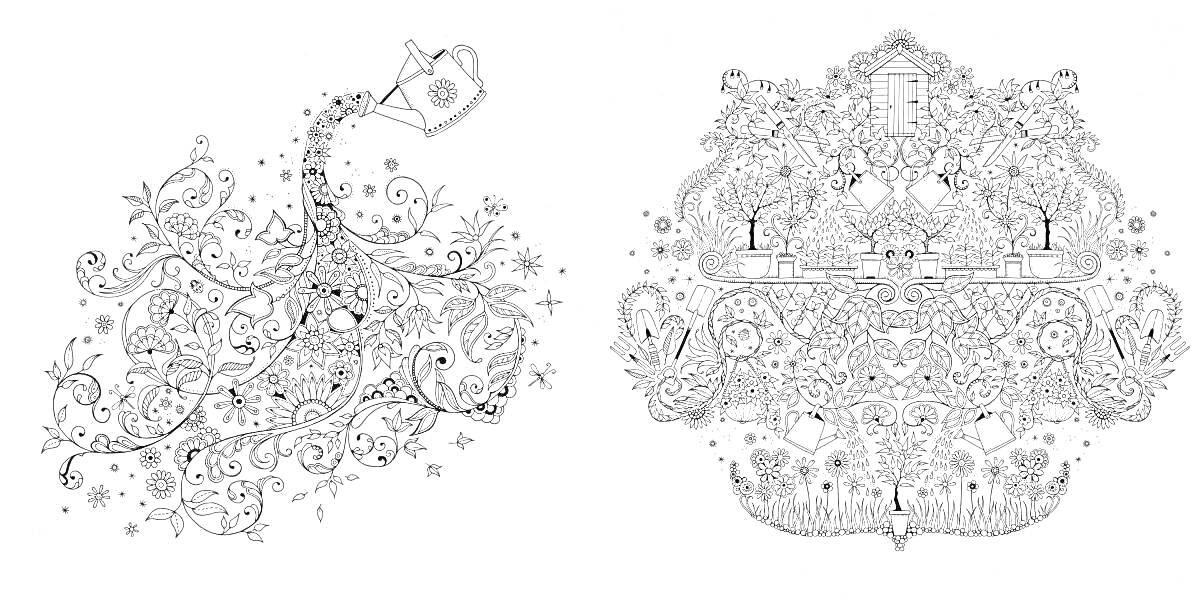 Раскраска Раскраска с изображением таинственного сада: Лейка с цветами слева и декоративный узор с растениями и цветами справа