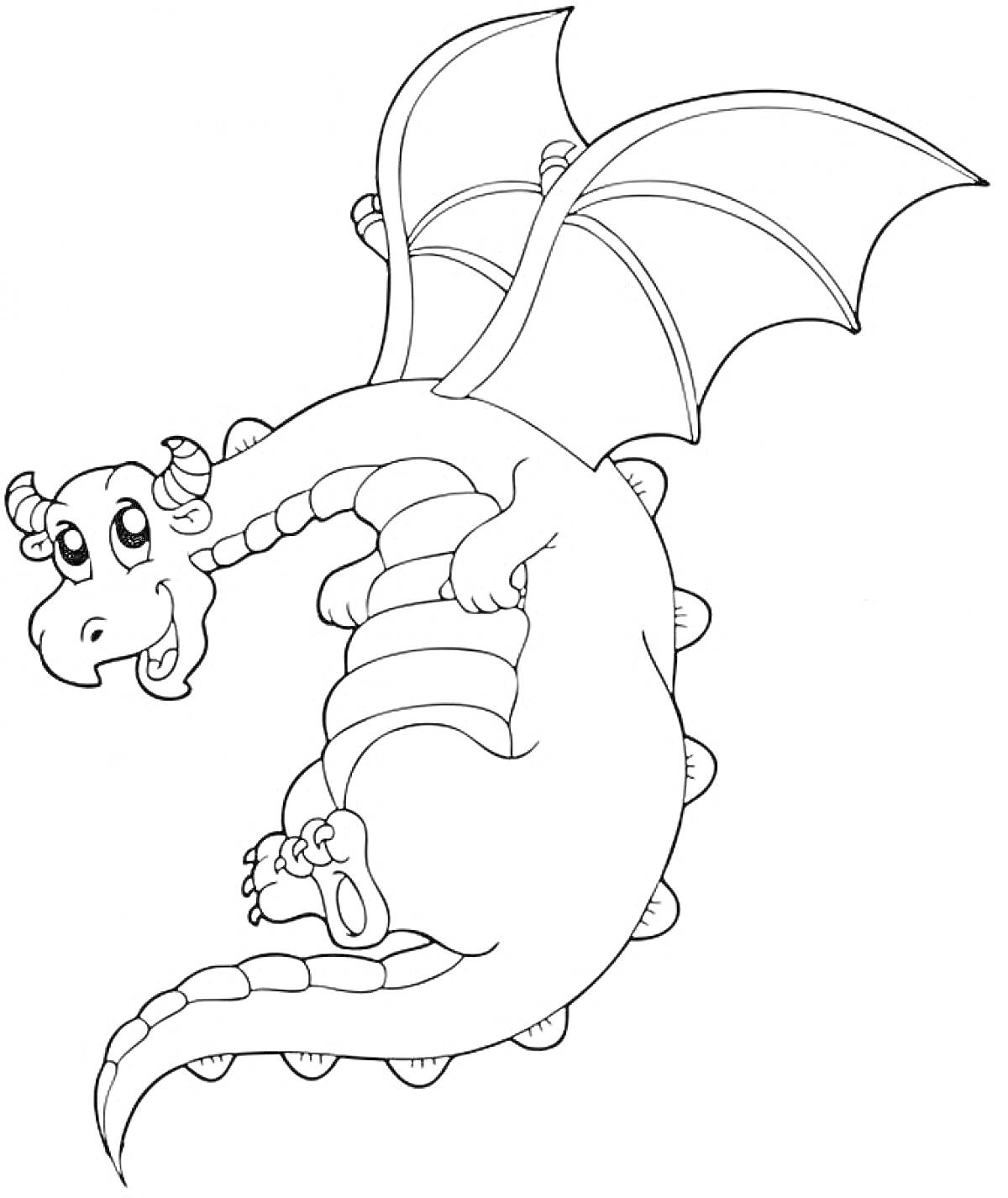 Раскраска Дракон с крыльями, улыбающийся и летящий, с крупными лапками и детализированным телом