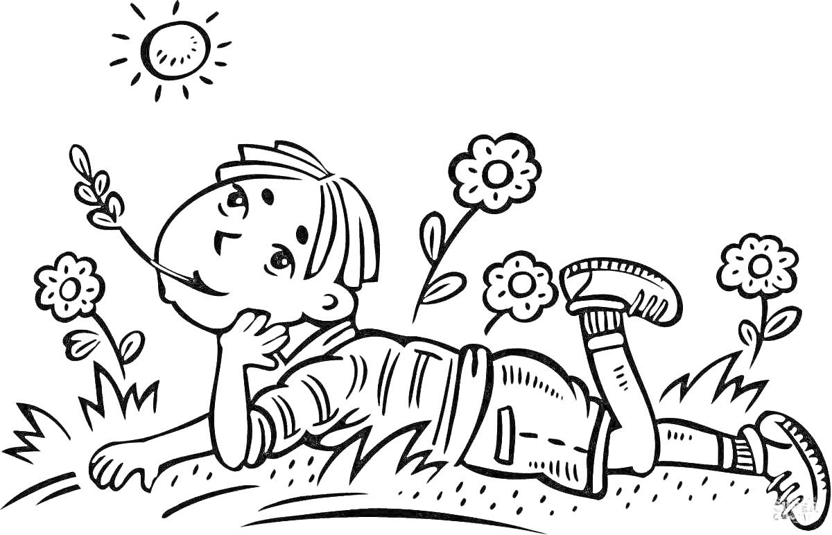 Раскраска мальчик, лежащий на траве, мечтает, фоновое солнце и цветы