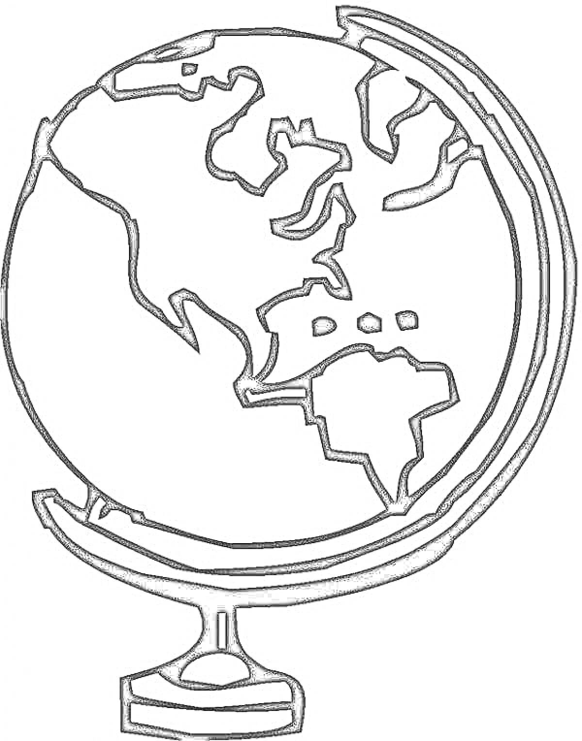 На раскраске изображено: Глобус, Континенты, Океаны, Северная Америка, Южная Америка, Африка, Европа, Подставка, География