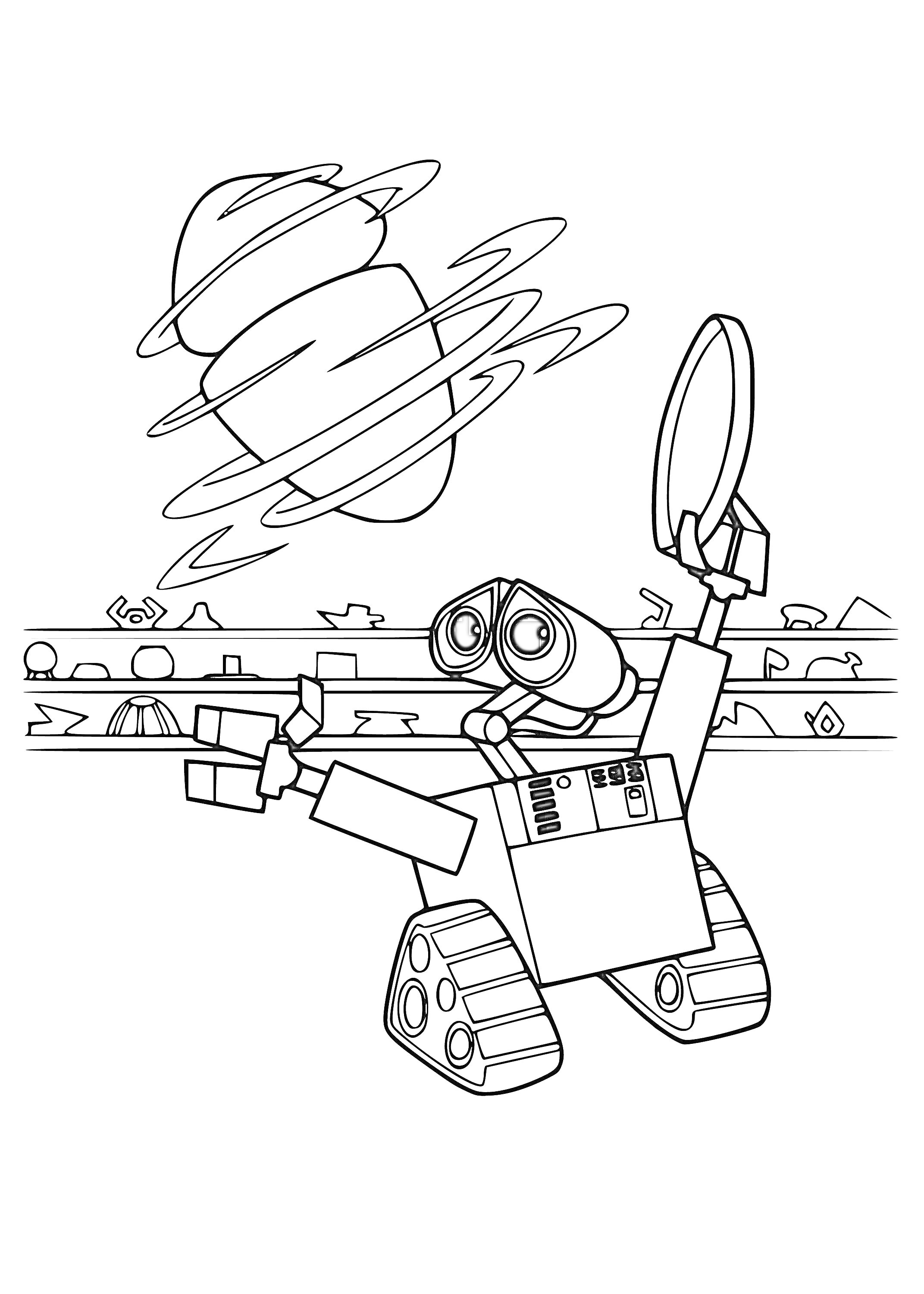 Раскраска Валли, держащий зеркало, на фоне пейзажа с кольцевой планетой
