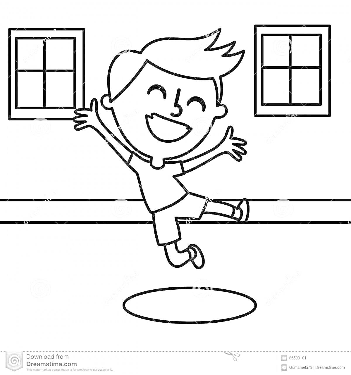 Раскраска Мальчик прыгает в комнате с двумя окнами