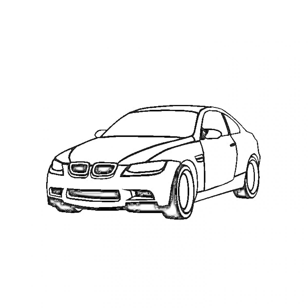 Раскраска Контур автомобиля BMW с проработанными деталями кузова