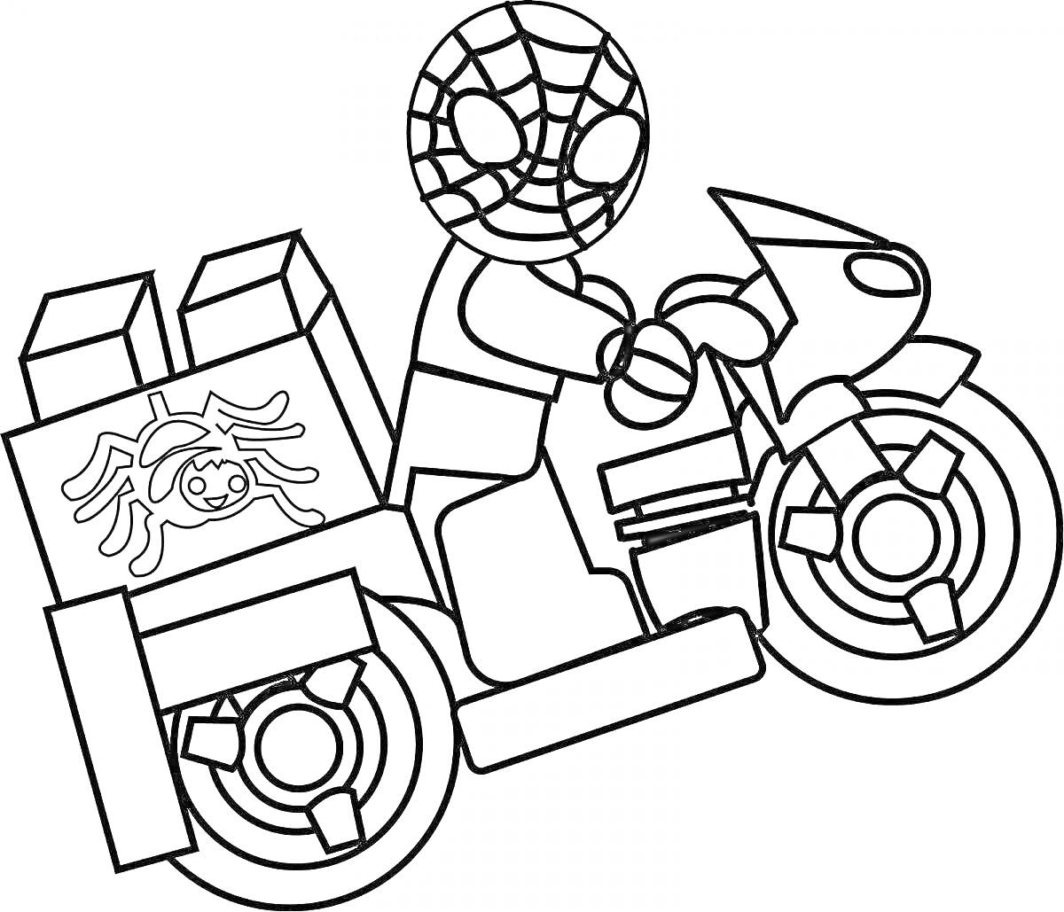 Раскраска Роблокс персонаж в костюме Человека-Паука на мотоцикле с коробками