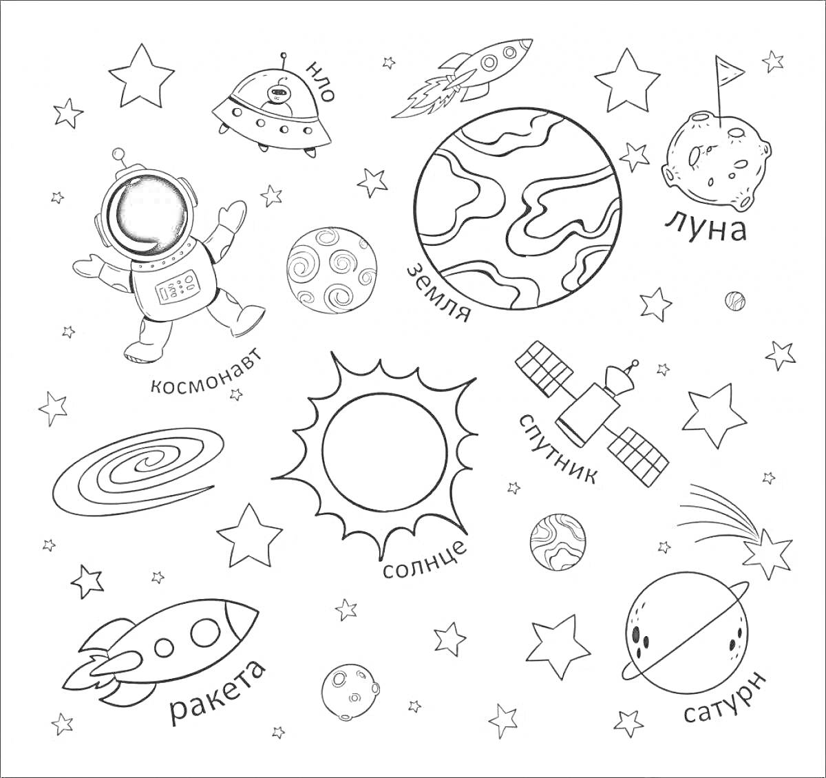 На раскраске изображено: Космос, Планеты, НЛО, Ракета, Солнце, Земля, Луна, Сатурн, Звезды, Метеорит