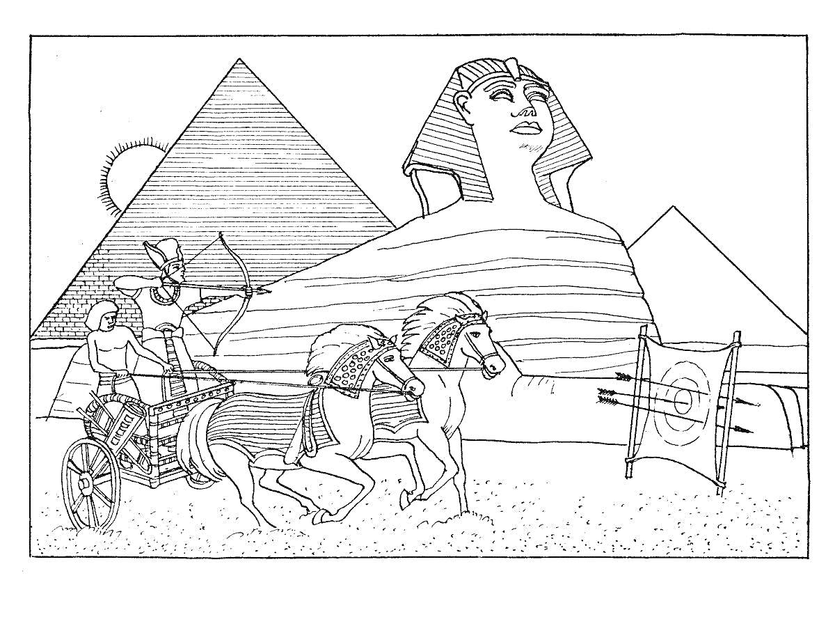 На раскраске изображено: Египет, Древний Египет, Колесница, Воин, Лучник, Солнце, Пустыня, Мишень
