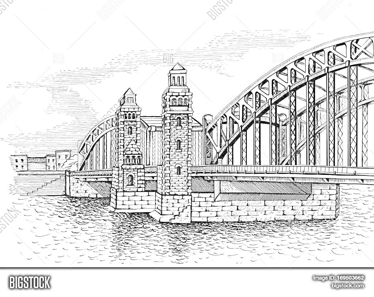 Рисунок моста с двумя башнями и арочной конструкцией в Санкт-Петербурге.