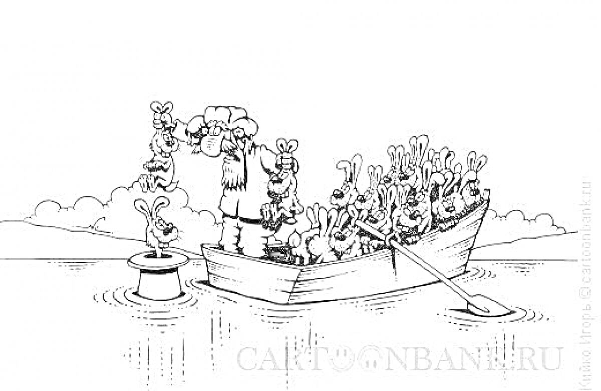На раскраске изображено: Дед, Лодка, Зайцы, Вода, Весло