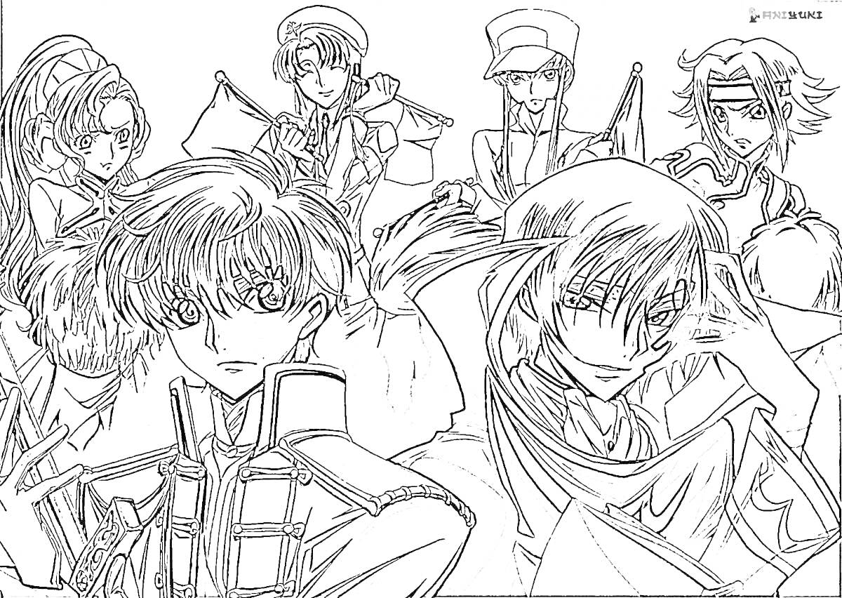 Раскраска Изображение команды персонажей в стиле аниме в одежде военного и фэнтези стиля с разнообразными выражениями лиц