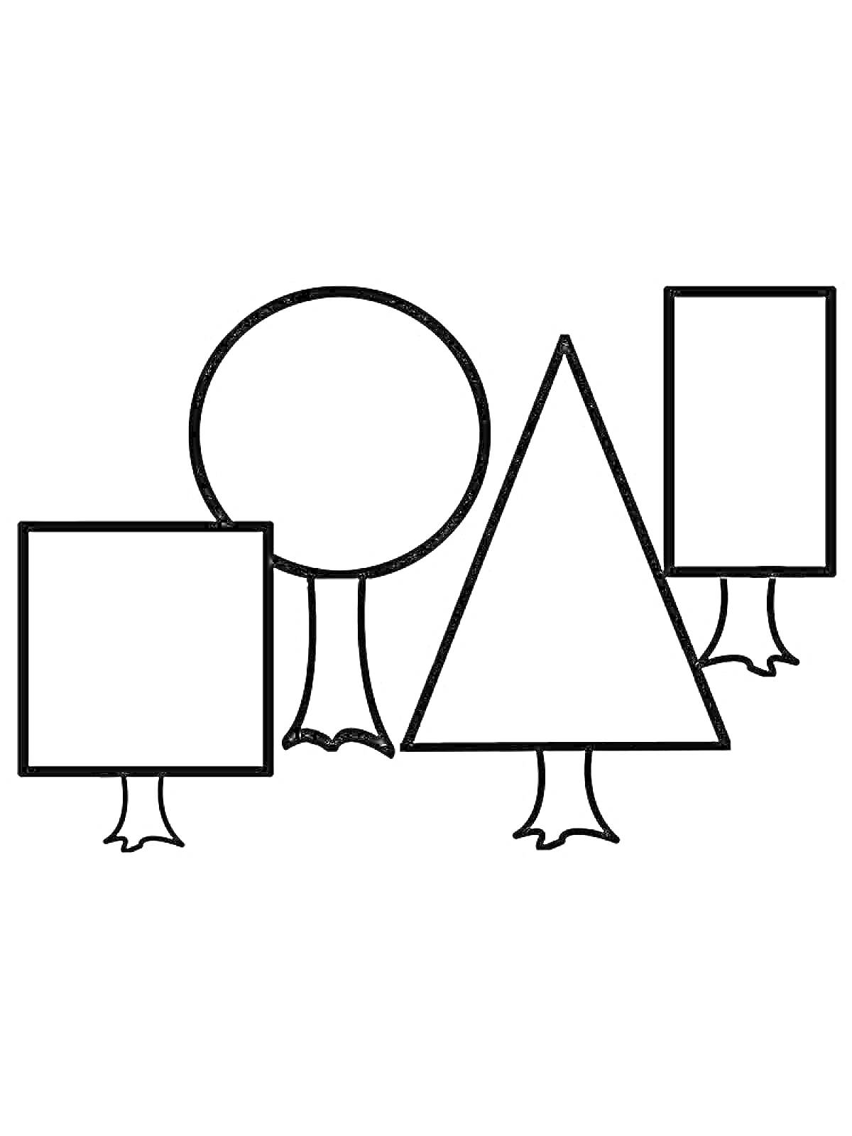На раскраске изображено: Геометрические фигуры, Деревья, Квадраты, Круги, Прямоугольники, Треугольники