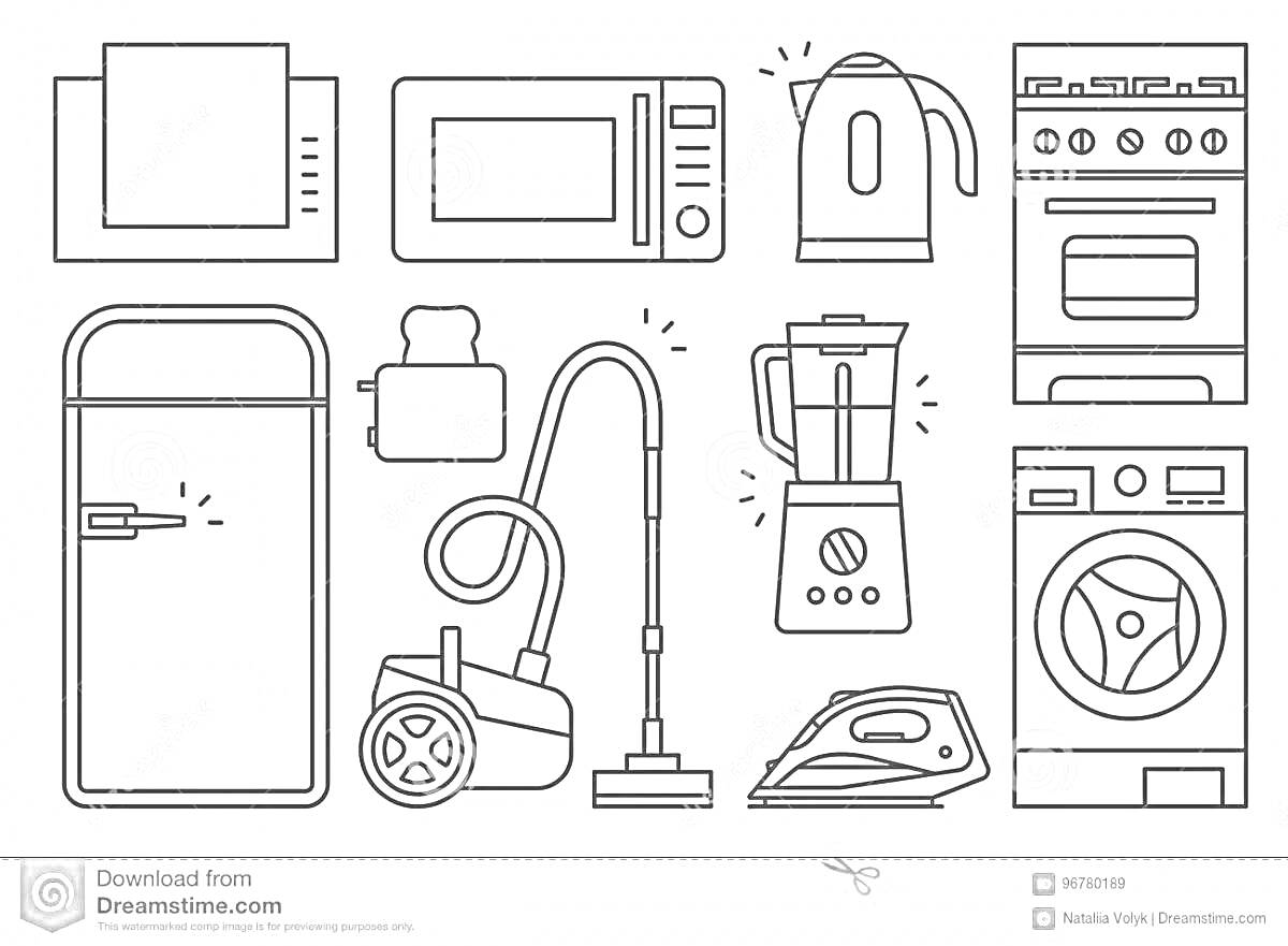 На раскраске изображено: Электроприборы, Бытовая техника, Утюг, Духовка, Холодильник, Пылесос, Стиральная машина, Блендер