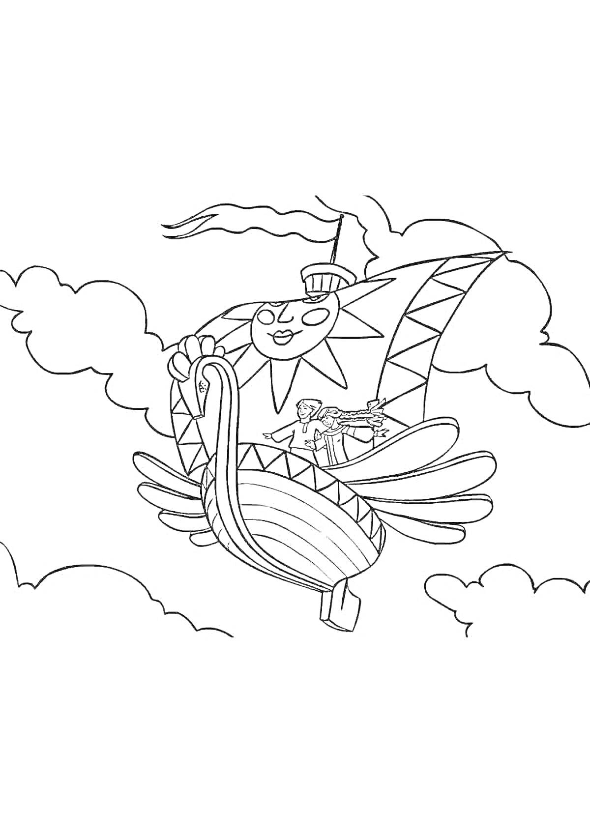 На раскраске изображено: Летательный аппарат, Птица, Человек, Облака, Небо, Солнце