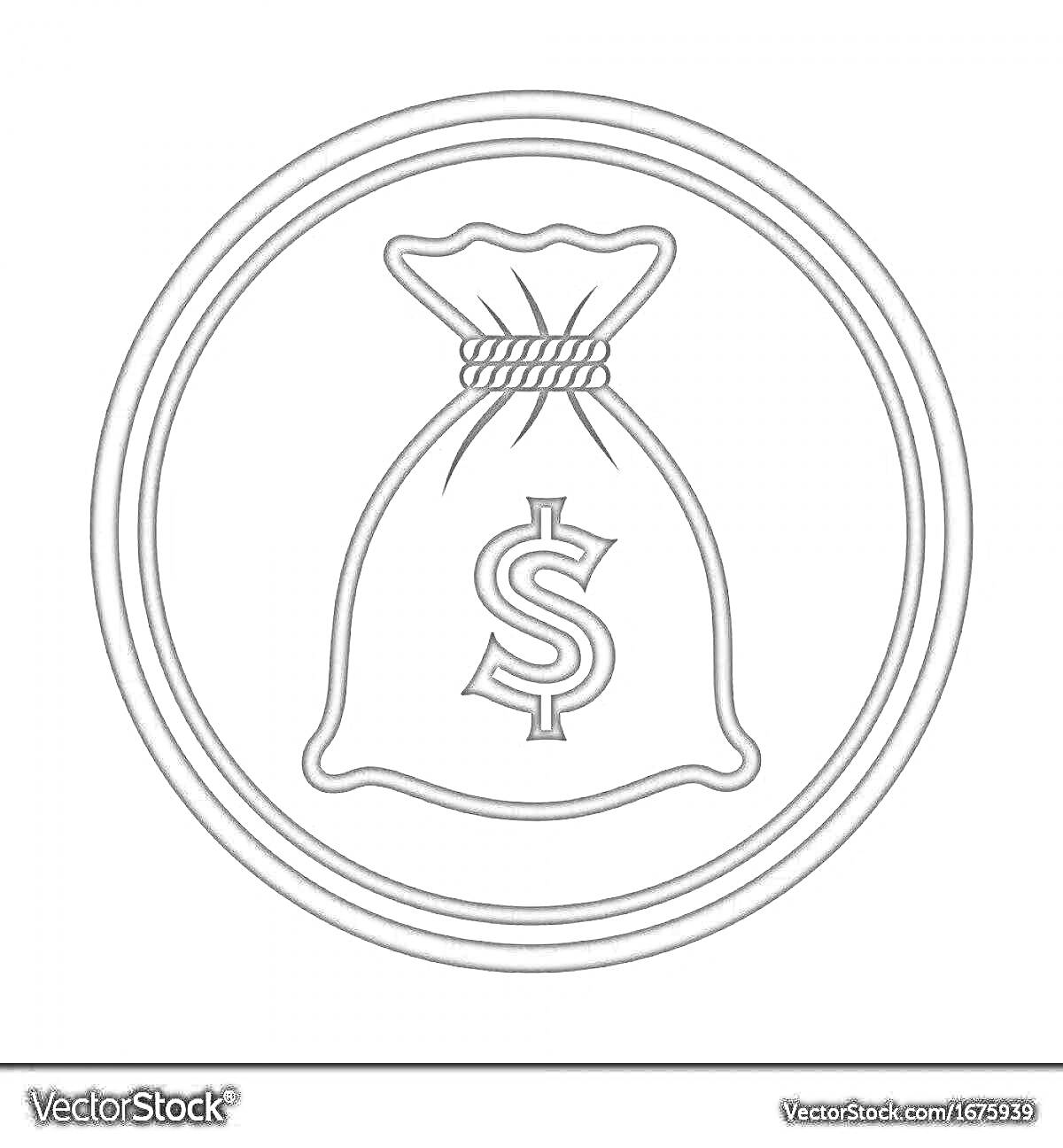Раскраска Мешок с деньгами в круглом обрамлении с символом доллара
