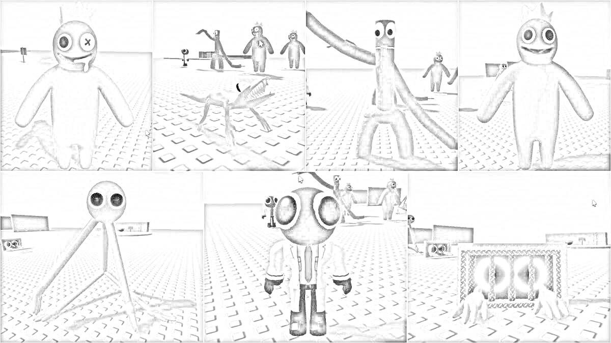 Раскраска Радужные друзья в Roblox: персонажи в различных позах на фоне ландшафта игры