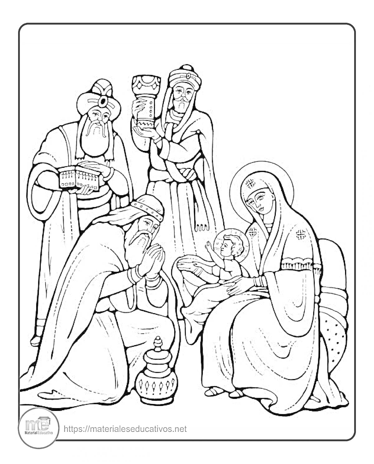 На раскраске изображено: Рождество, Мария, Младенец, Волхвы, Религия, Христианство, Праздники