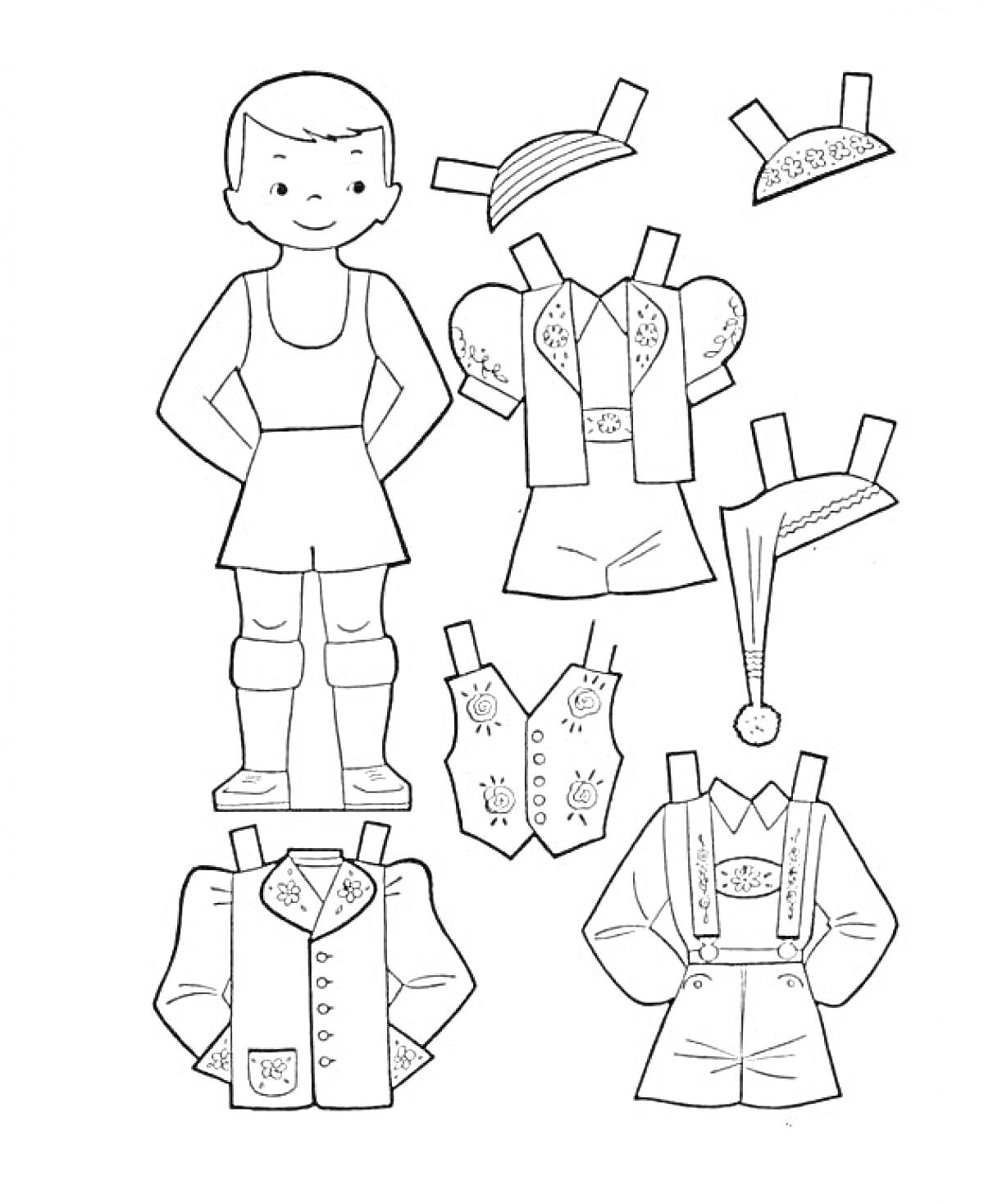 Раскраска Бумажная кукла с 6 комплектами одежды, включающими традиционную одежду, повседневные костюмы и головные уборы